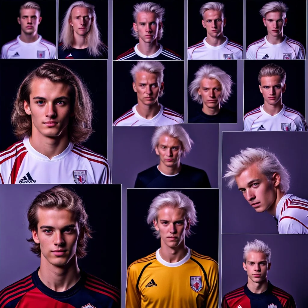 85mm DSLR color photography of a very detailed headshot fitting all of head and hair in frame. 18-year-old Austrian soccer player, and with no facial hair and has no facial hair, has very short length straight white hair with a small smile, grey background,