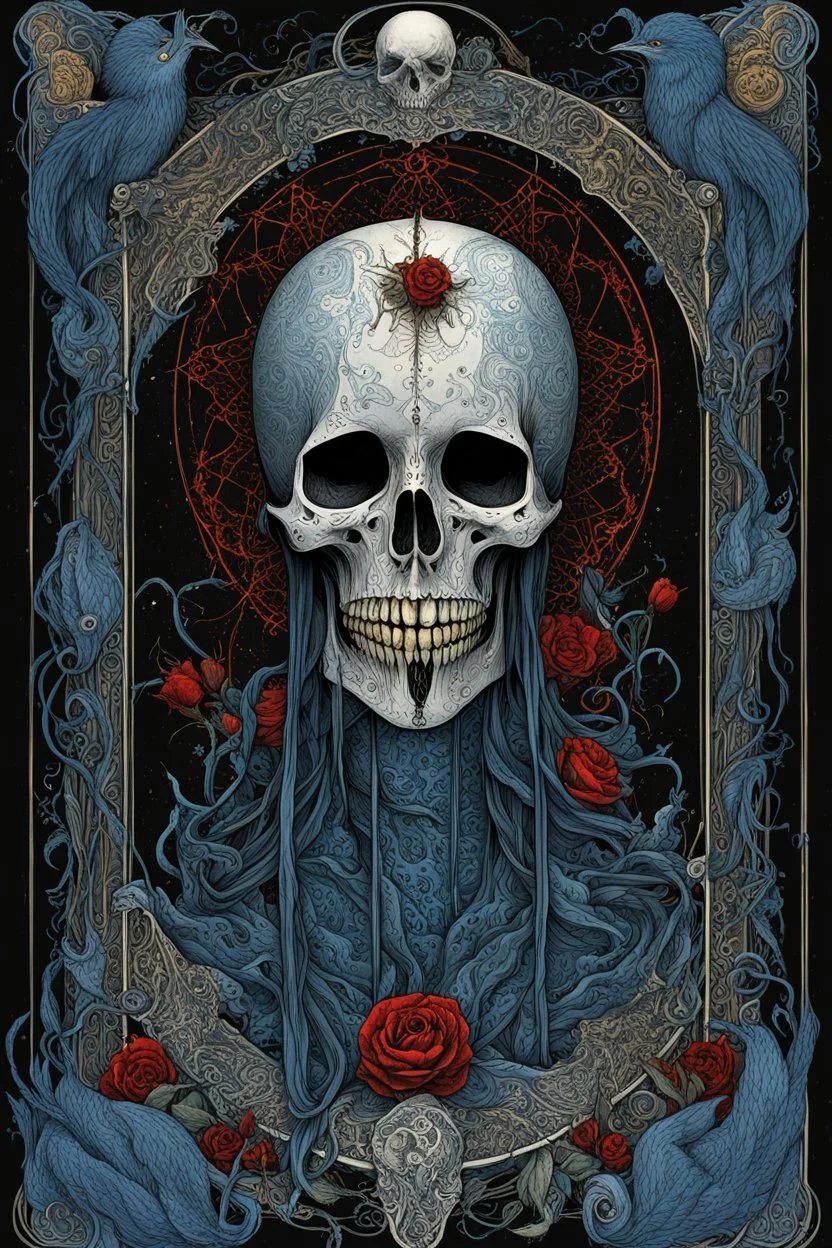 tarot card, tarot card text "DEATH", tarot card borders and border flourishes, styled by Dave Mckean and Kay Nielson and Tomasz Setowski, hyperdetailed, black background, eerie, magical effects, projected surreal images, smooth, crimson and midnight_blue, trending on Artstation, 8k, morbid, text "DEATH".