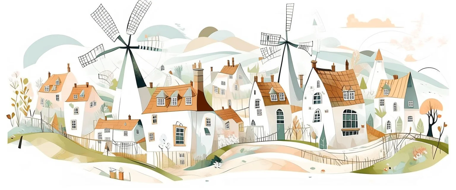 A white village with windmills in Collage art style