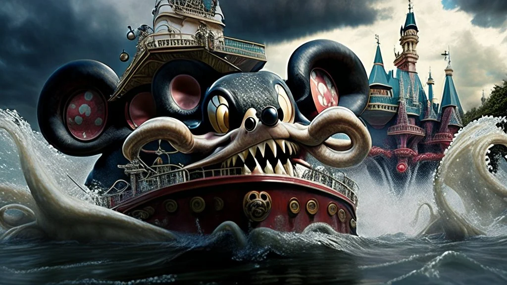 kraken octopus mickey mouse hybrid, photorealism, horror, evil, hungry, high resolution, attacking the liberty square riverboat at disney world