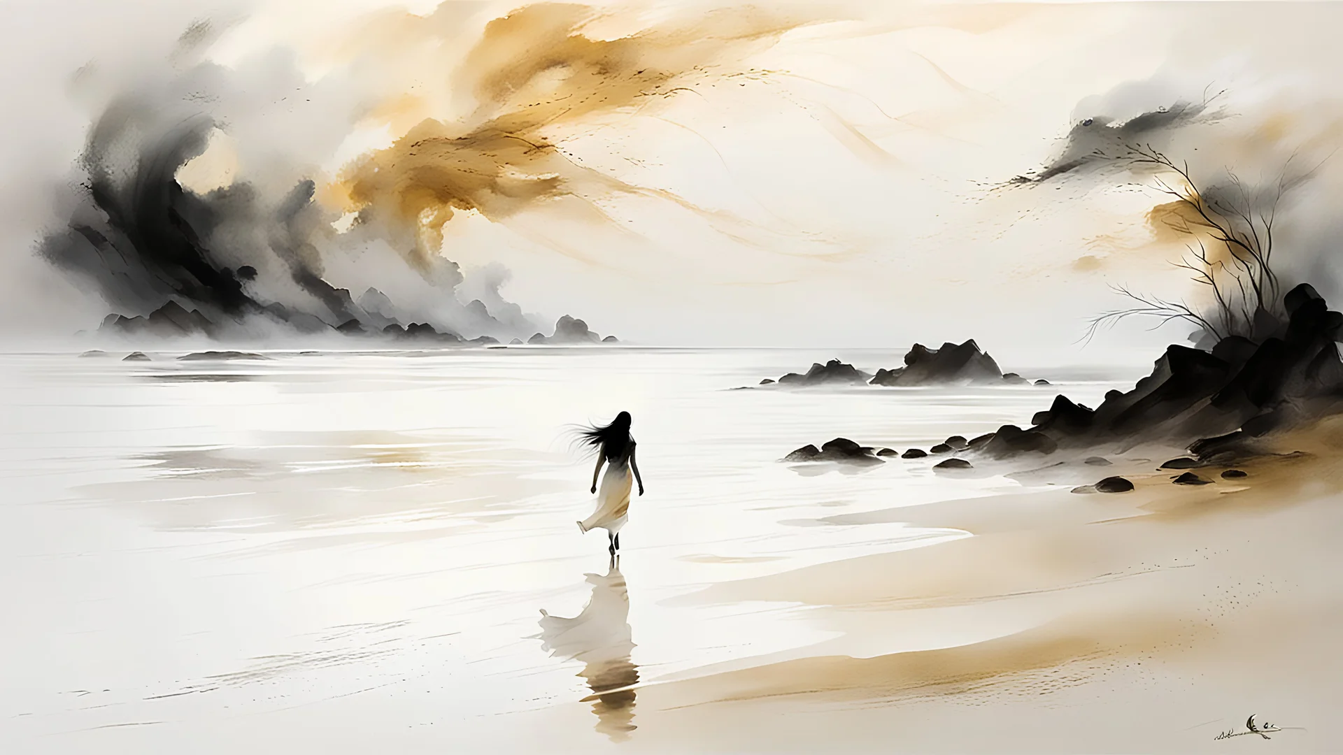 white and gold, Alone woman walking through a windy misty magic beach in the serene atmosphere, beautiful peaceful sea, tranquility. Sumi-e influence delicate strokes, tranquil setting, contemplative ambiance, abstract and evocative, soft yet defined details, deep rich colors, magic lighting,