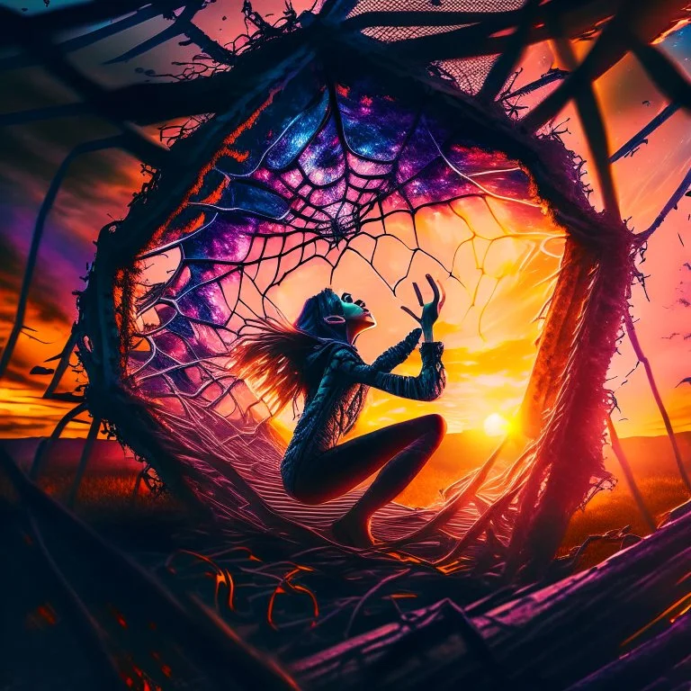 A young woman tries to climb out of a cocoon of spider webs that surround her in an apocalyptic gamut, sunset dramatic shot, wide lens, dramatic colors, outdoor shot, impressive artwork, 12K