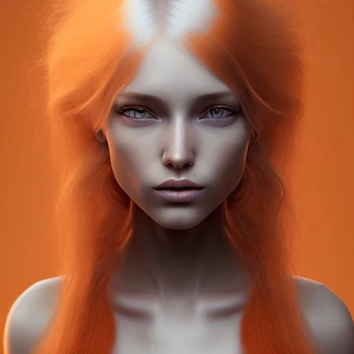 Fantasy setting, woman, two hues of hair, orange and white, more white hair, more orange hair, more orange hair, more white hair, more white hair, orange hair locks