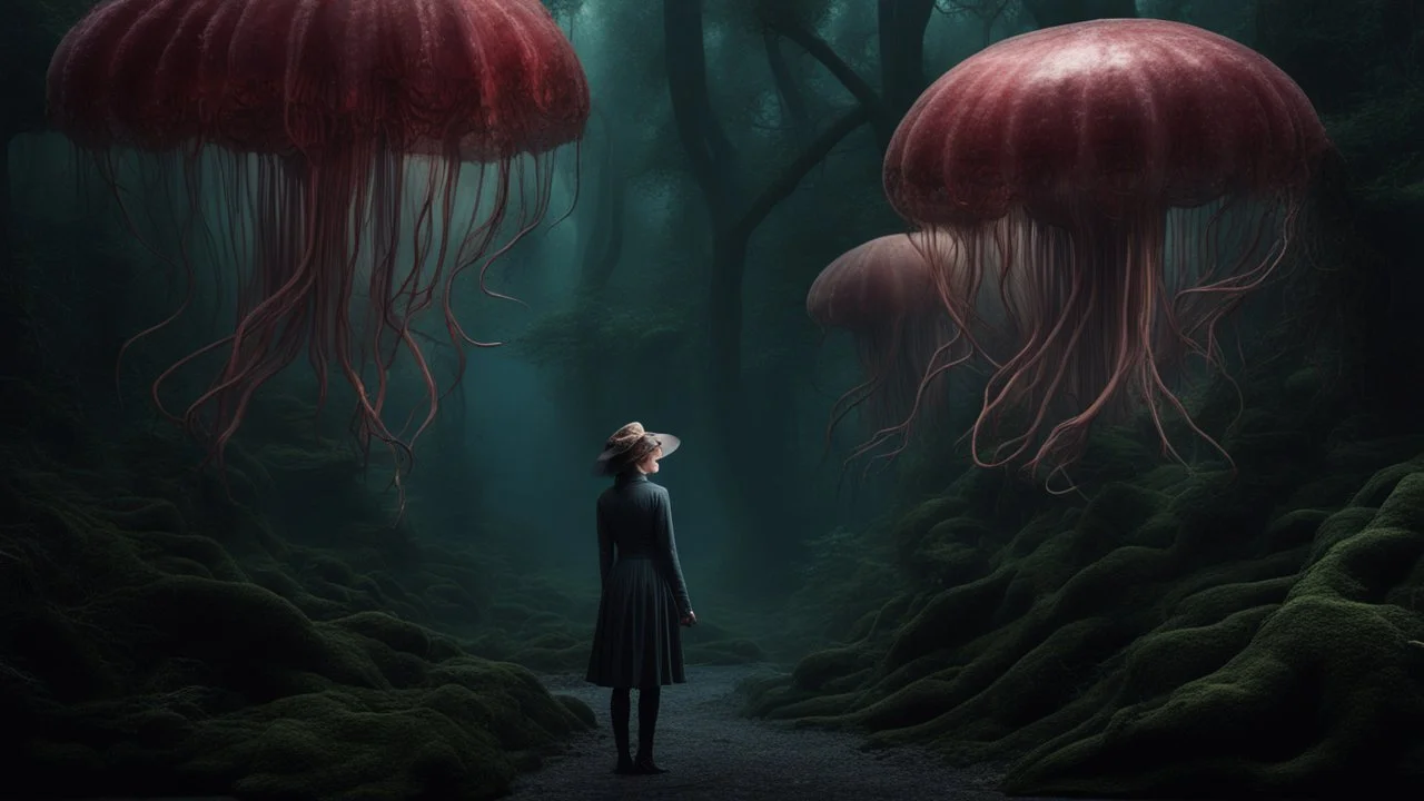 woman in an alien forest with an umbrella made from a jellyfish, photorealistic, Detailed Matte Painting, Deep Colour, Fantastical, Intricate Detail,