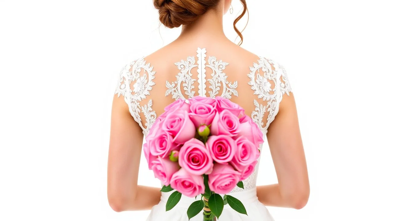 Back view of a bride in a white wedding dress with his face turned to the front in a bust with a bouquet of pink roses in his hands on a white background