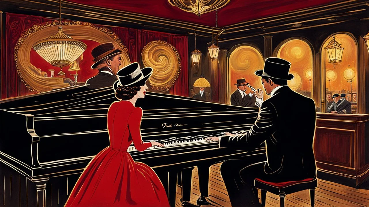 in a 1960s American jazz pub a man in hat and dark suit playing the piano in the foreground , next to the piano singing a beautiful elegantly woman in a red dress . The atmosphere is warm happy and intimate, with soft, golden lights casting a glow over the wooden tables and chairs. Guests in retro attire enjoy their drinks and cigarette smoke gently swirls in the air. The intricate details and sharp focus , photorealistic