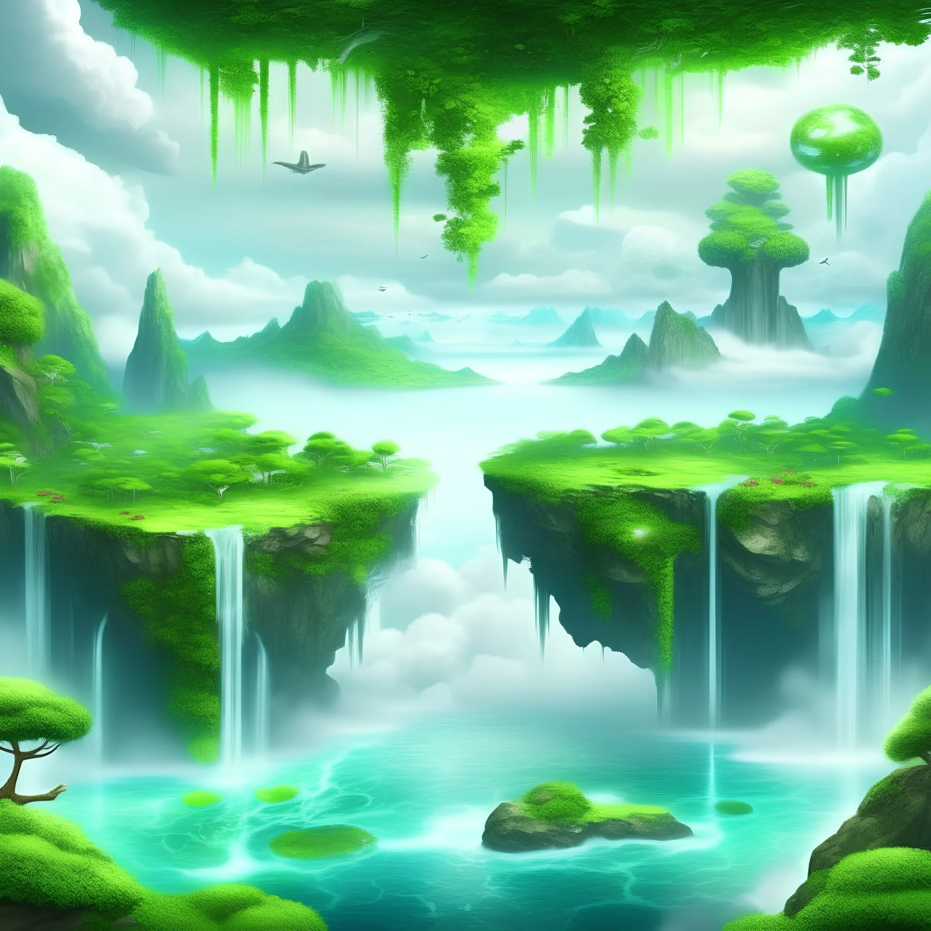 floating islands of a distant exotic land with waterfalls and lush scenery