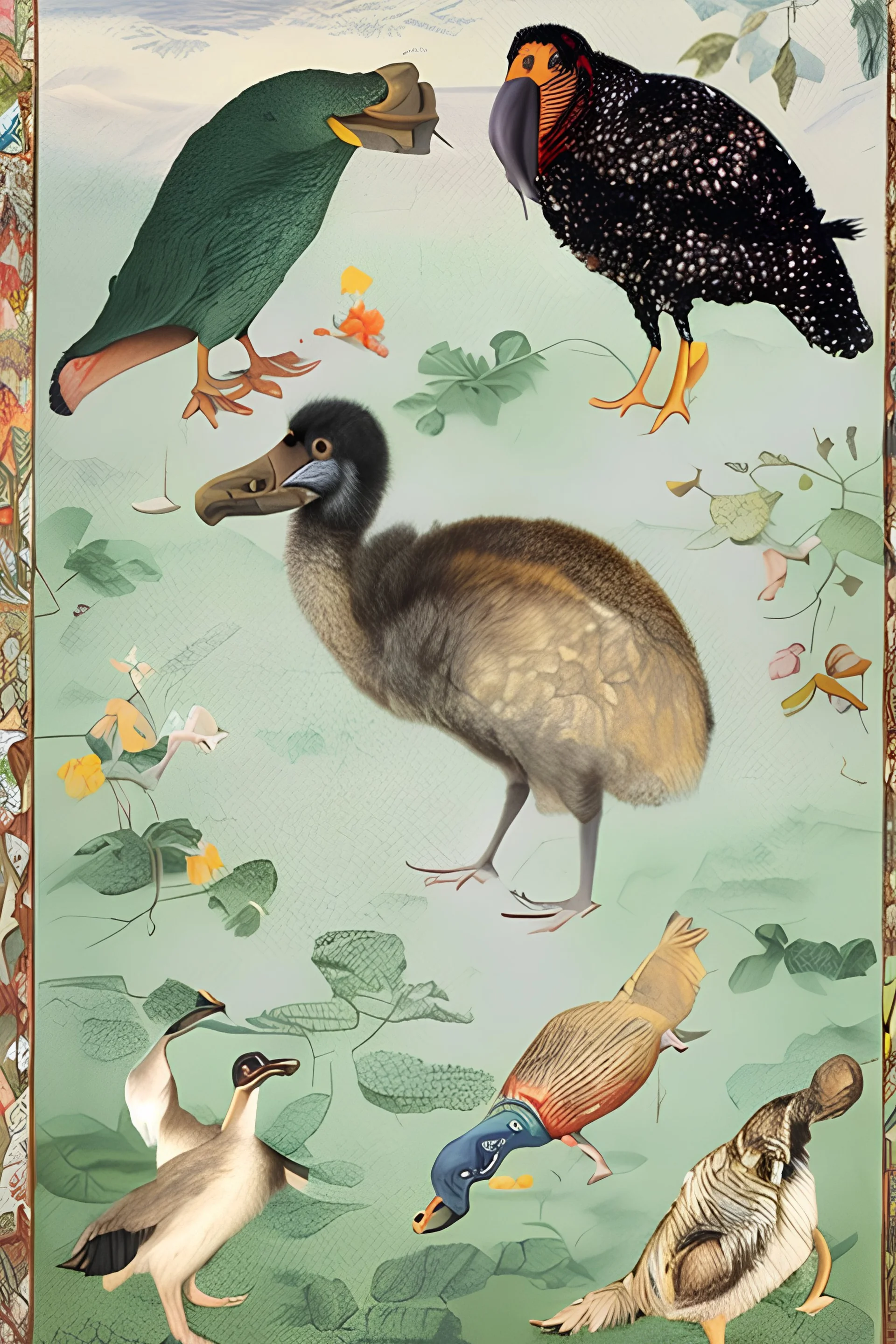 John James Audubon-like illustration of a fully uncropped Dodo bird and a Platypus in a landscape of warm yellows, warm reds, and warm blues