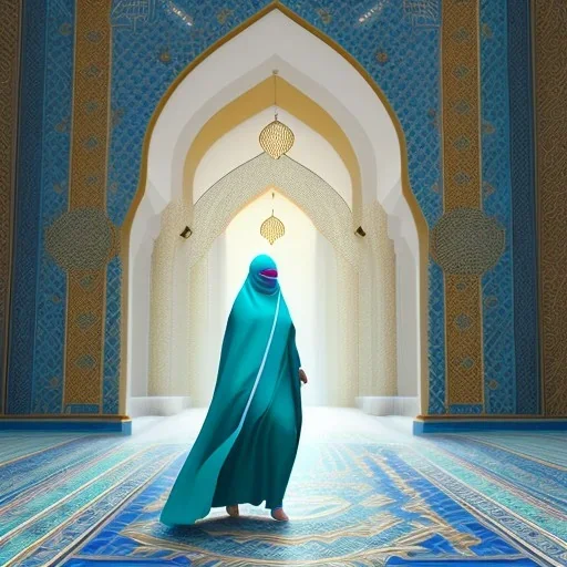 woman in flowing, white burka walking in front of a mosque with blue, green, gold mosaic walls, profile, panoramic, high-quality, fine-detail, intricate, ornate, volumetric lighting, 8k resolution, haunting, powerful, photo-realistic, 3d render, photo-quality, Life magazine photograph