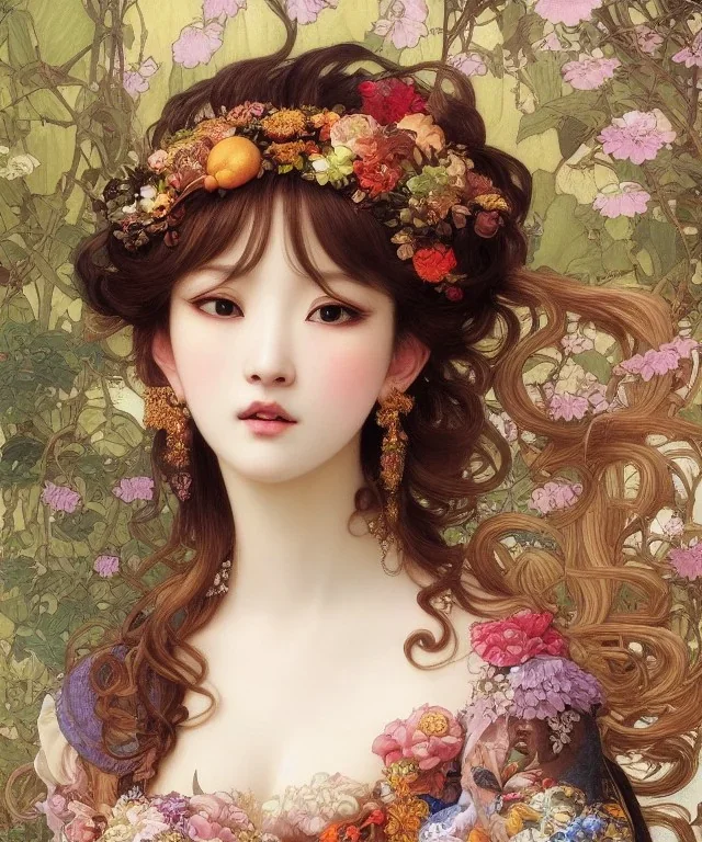 a masterpiece ultrarealistic ultradetailed face portrait of beautiful love, jewelry genius, witch girl on fruits street market baroque renaissance. medium shot, intricate, elegant, by stanley artgerm lau, wlop, alphonse mucha, rossdraws, andrei riabovitchev, yoshitaka amano. flower background by takashi murakami