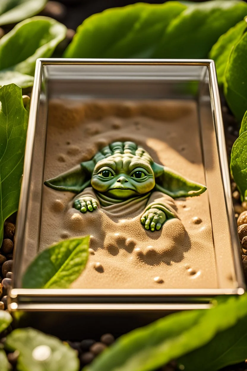 a close-up footprint in sand of baby yodas petite and wrinkled claw print with only three toes, three toes and the print are lodged within the sand in a neat, square display glass box, "Baby Yoda" engraved on small metal plate outside of the box, small stars and shiny stones are scattered around the print with green leaves also,realistic and highly detailed, 8k