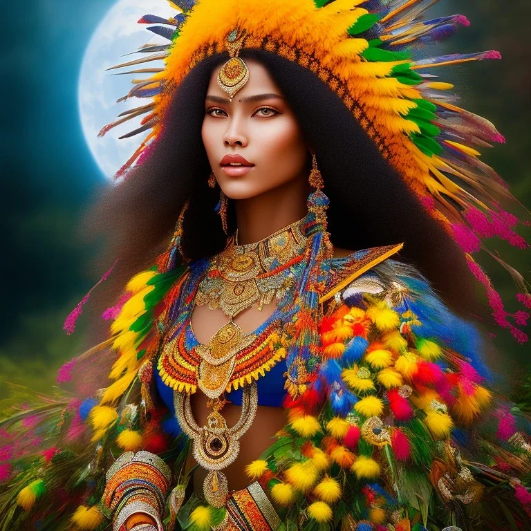 bright brazilian indigenous, beautiful portrait, flowery landscape, light, luminous