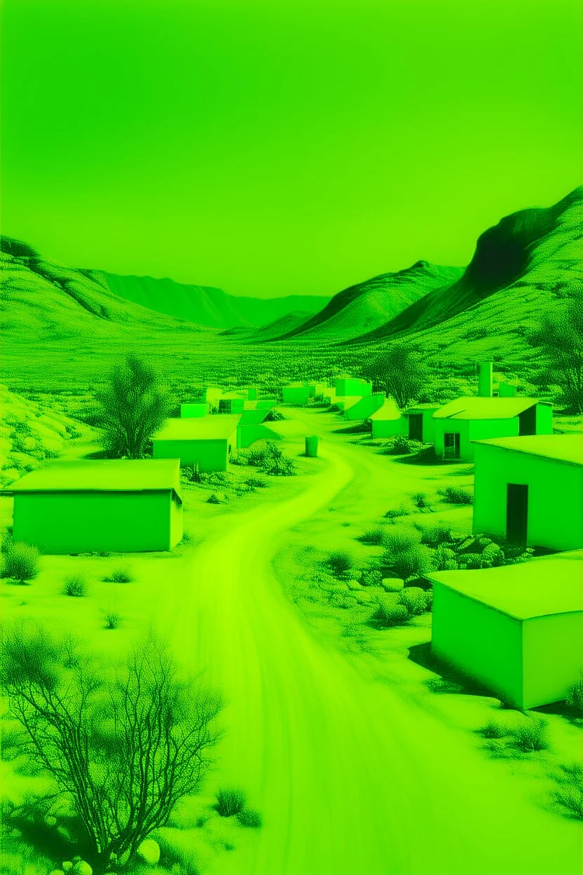 A lime green desert village painted by Andy Warhol
