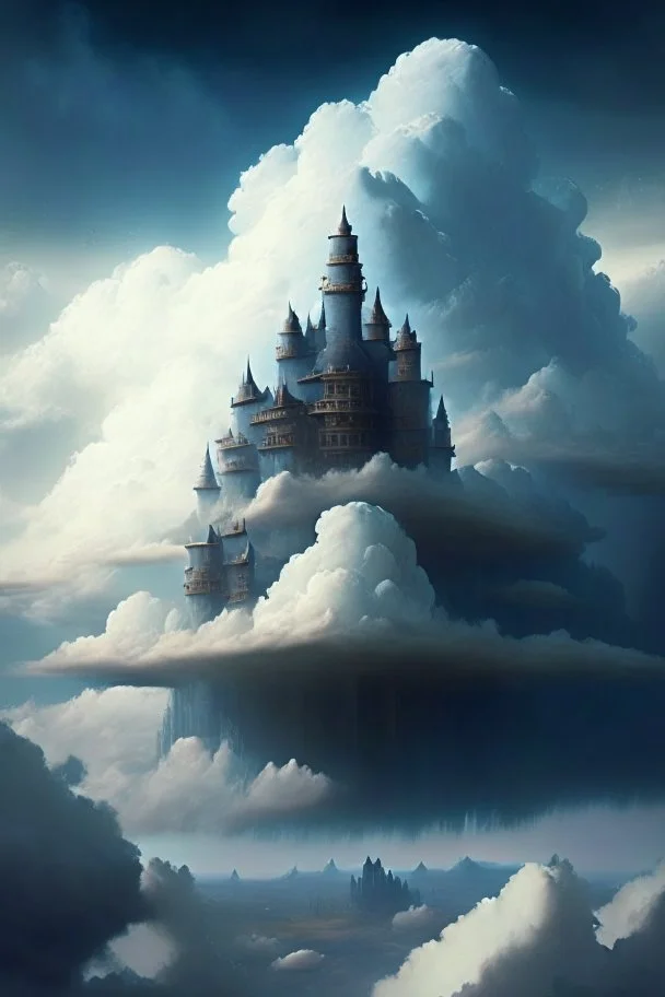 Enormous castle in the sky, ominously looming above. The clouds are apart of its structure