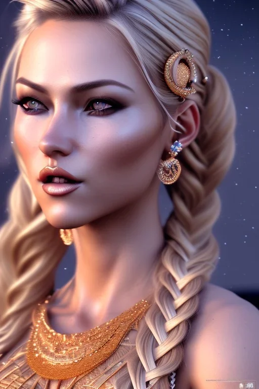 sexy milf, blond hair, braid, spitzen dessous, moon, 8k resolution, high-quality, fine-detail, intricate, fantasy art, detailed matte, volumetric lighting, illustration, 3D