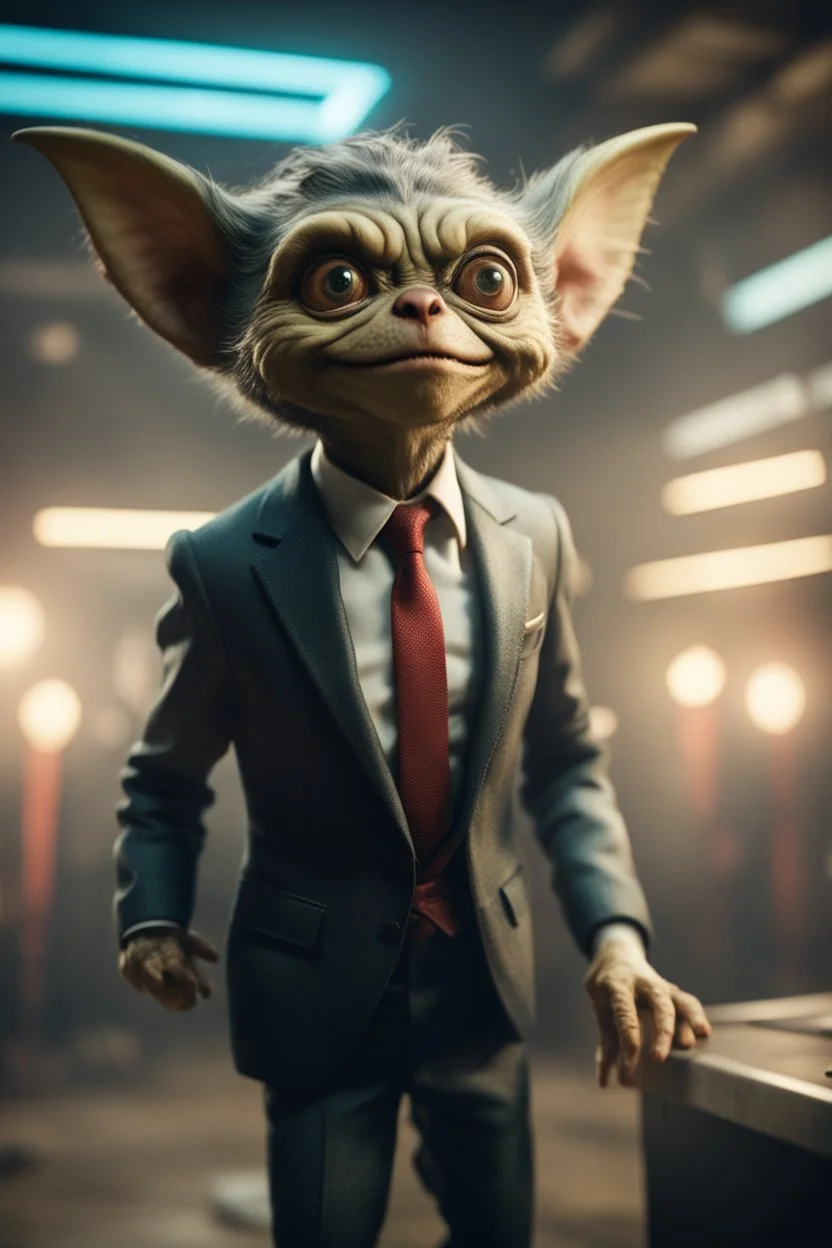 portrait of gremlin in suit flying in wind tunnel birthday party, in the style of a fallout 4,bokeh like f/0.8, tilt-shift lens 8k, high detail, smooth render, down-light, unreal engine, prize winning