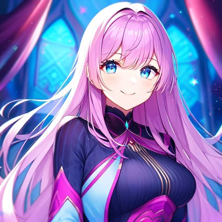 girl, masterpiece, best quality, volumetric lighting, detailed outfit, perfect eyes, fuchsia hair, blue eyes, long hair, smile,