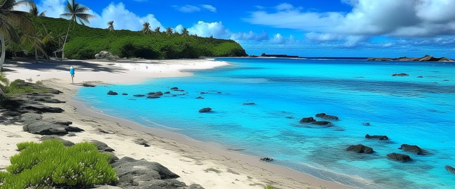 A blue beach near a coral cove designed in African masks painted by Paul Gauguin