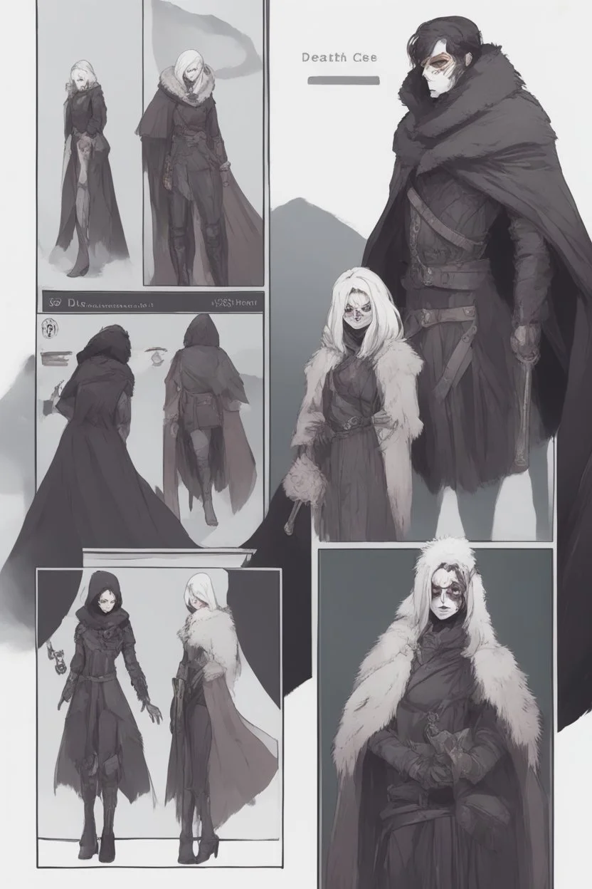 A dnd character sheet. A woman dressed for the cold north dressed in dark furs, with black hair. Death cleric wearing a mask with a skull, female woman girl