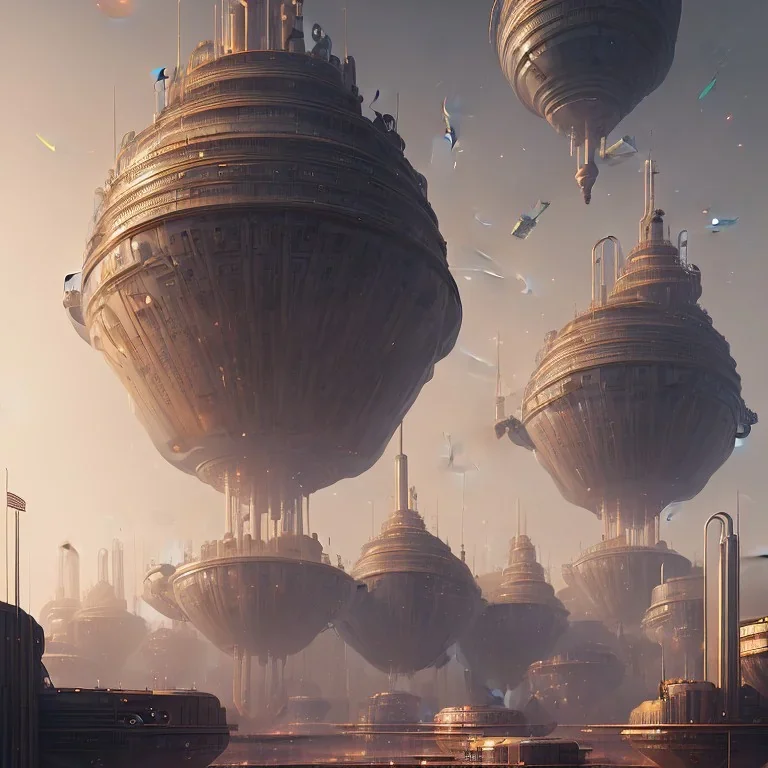 Beautiful painting of a massive cyberpunk military building inspired by jules verne, art by mike winkelmann, golden hour, illustration, highly detailed, simple, smooth and clean vector curves, no jagged lines, vector art, smooth, artstation