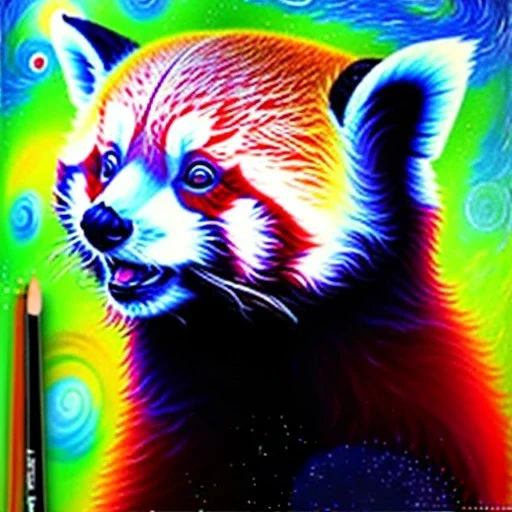 Dibujo al oleo de un oso panda rojo con nubes de colores estilo Vincent van Gogh