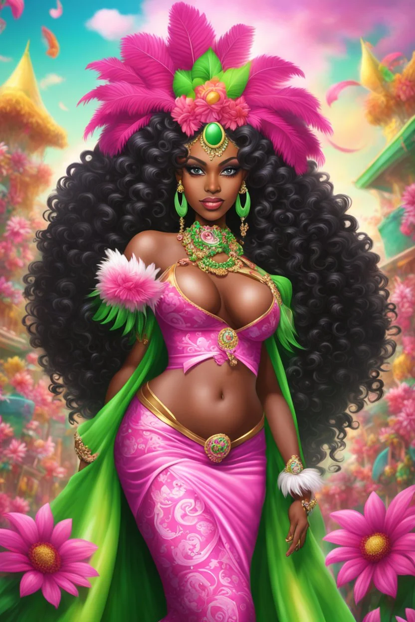 Create a digital airbrush cartoon of a curvy African American female wearing Brazilian carnaval outfit outfit that's pink, green and white. Prominent make up with hazel eyes. Highly detailed very long extremely curly black hair. Her skin is smooth and silky. Background of a judge full of colorful flowers