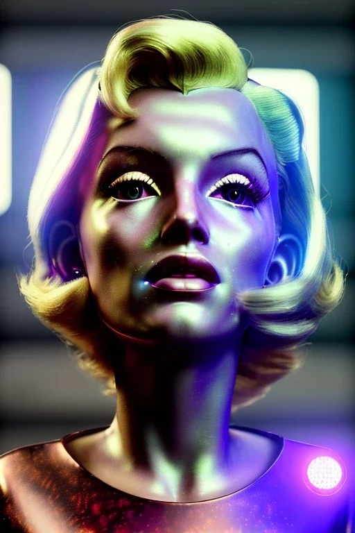 Ultra Realistic sci-fi scene, portrait, blonde woman, sweet Marylin Monroe face, perfect iris, glow eyes, makeup. Aliens background, Retro sci-fi style, helmet, tight latex coat, fog, rain, soft color, highly detailed, unreal engine 5, ray tracing, RTX, lumen lighting, ultra detail, volumetric lighting, 3d, finely drawn, high definition, high resolution.