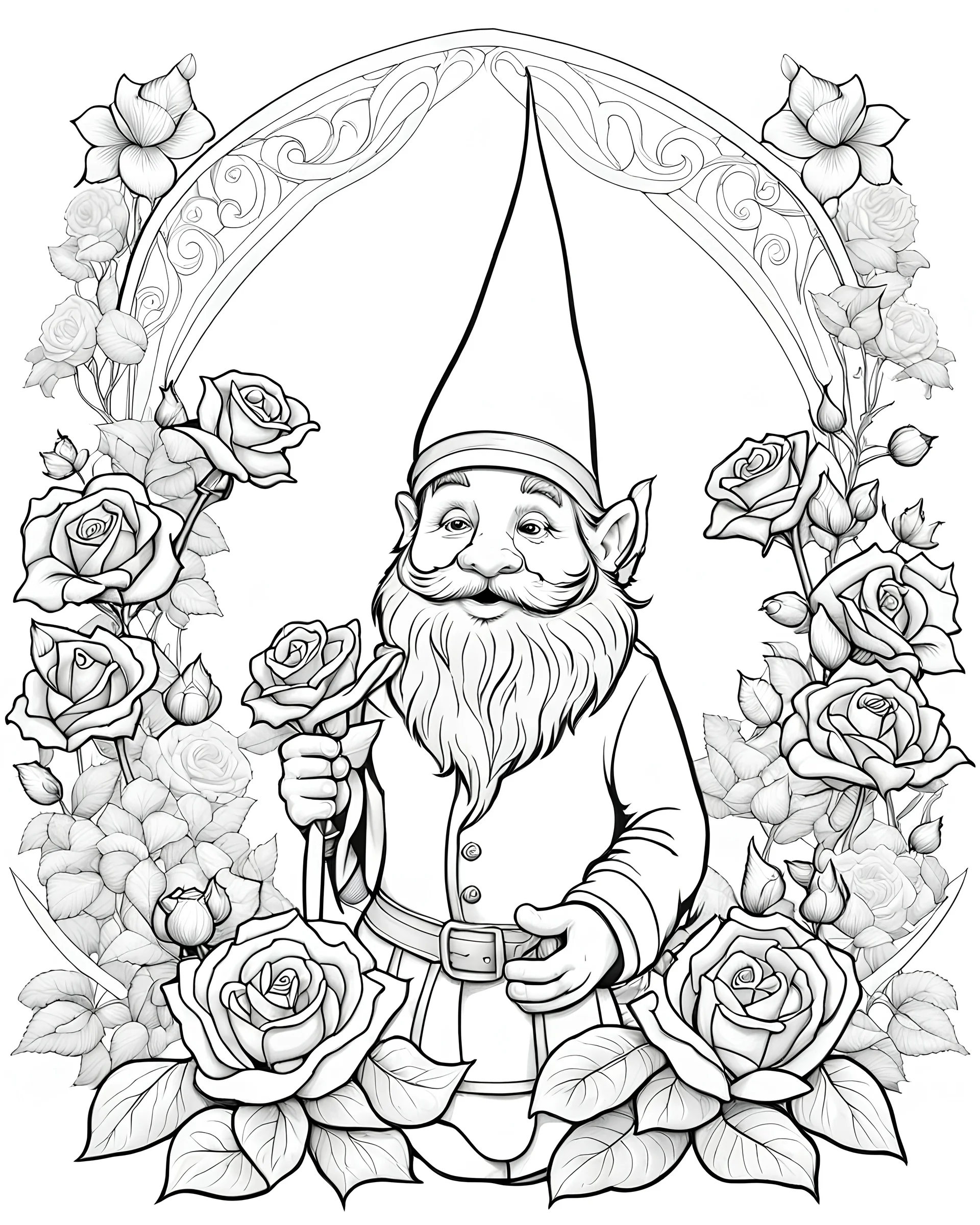 B/W outline art,coloring book page, full white, super detailed illustration for adult, "Gnome's Affection for Flowers and Roses", crisp line, line art, high resolution,cartoon style, smooth, law details, no shading, no fill, white background, clean line art,law background details, Sketch style.