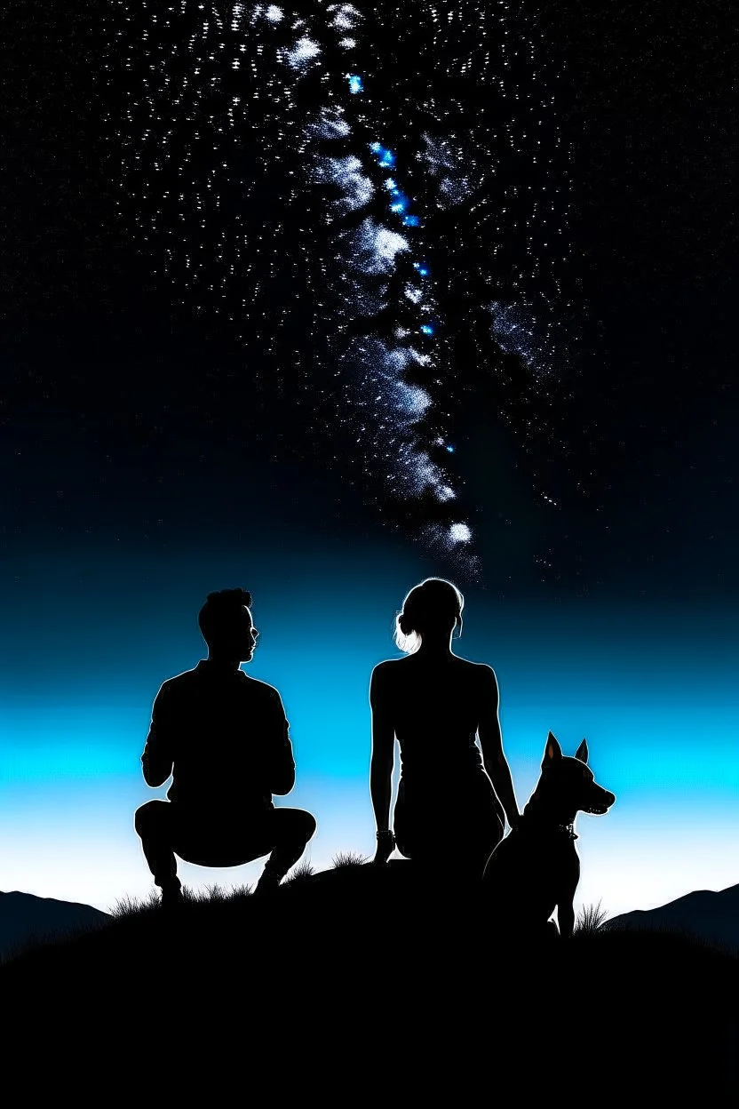 black background on a mountaintop and three silhouettes of a fit man, a silhouette of a fit woman, and silhouette of a Belgian malinois sitting next to the men and the woman looking at the stars