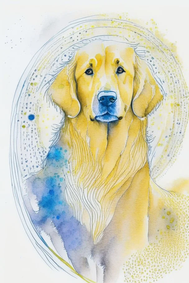abstract watercolour of a golden retriever dog’s head in the style of Valerie Davide with bifurcated circles and thin pencil lines
