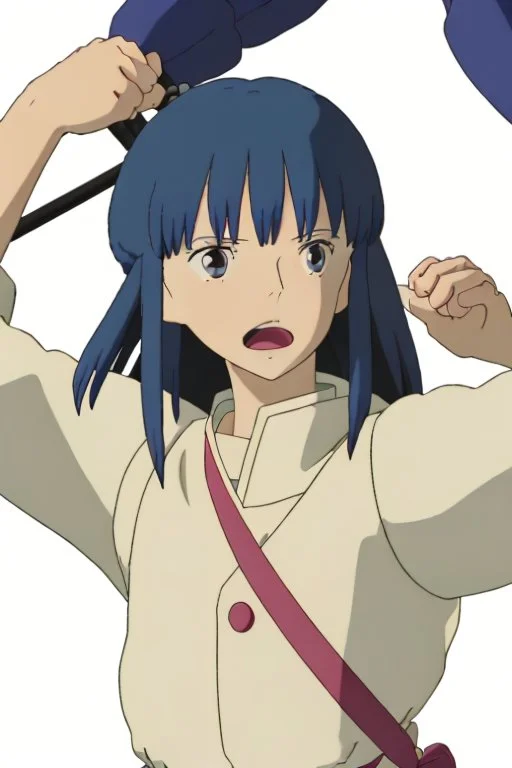 Yui: A full body image of Yui standing confidently in her rugged clothing, hands on her hips. Her athletic build, dark hair streaked with blue, and vibrant green eyes are clearly visible. Her look of determination reflects her adventurous spirit. Yui, in a full-body outdoor suit tailored from resilient material, is shown. Her suit features a built-in respirator mask, oxygen tank, and utility pockets. Her boots are more substantial, suitable for harsh conditions, and her gloves are thick and prot