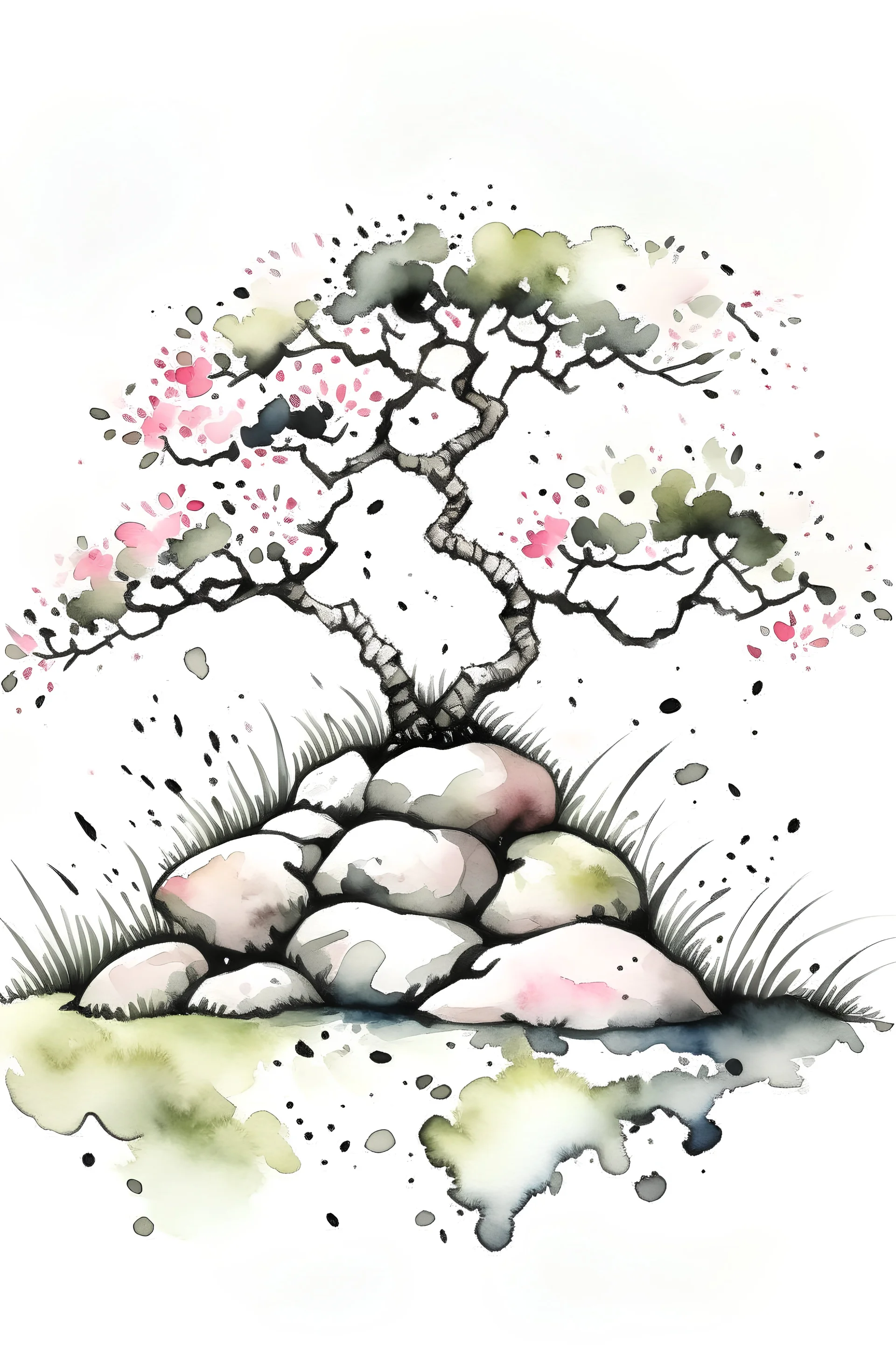 Japanese style watercolor of a Japanese garden, moss-covered stones, a delicate cherry blossom tree in bloom, realistic tones, white negative space