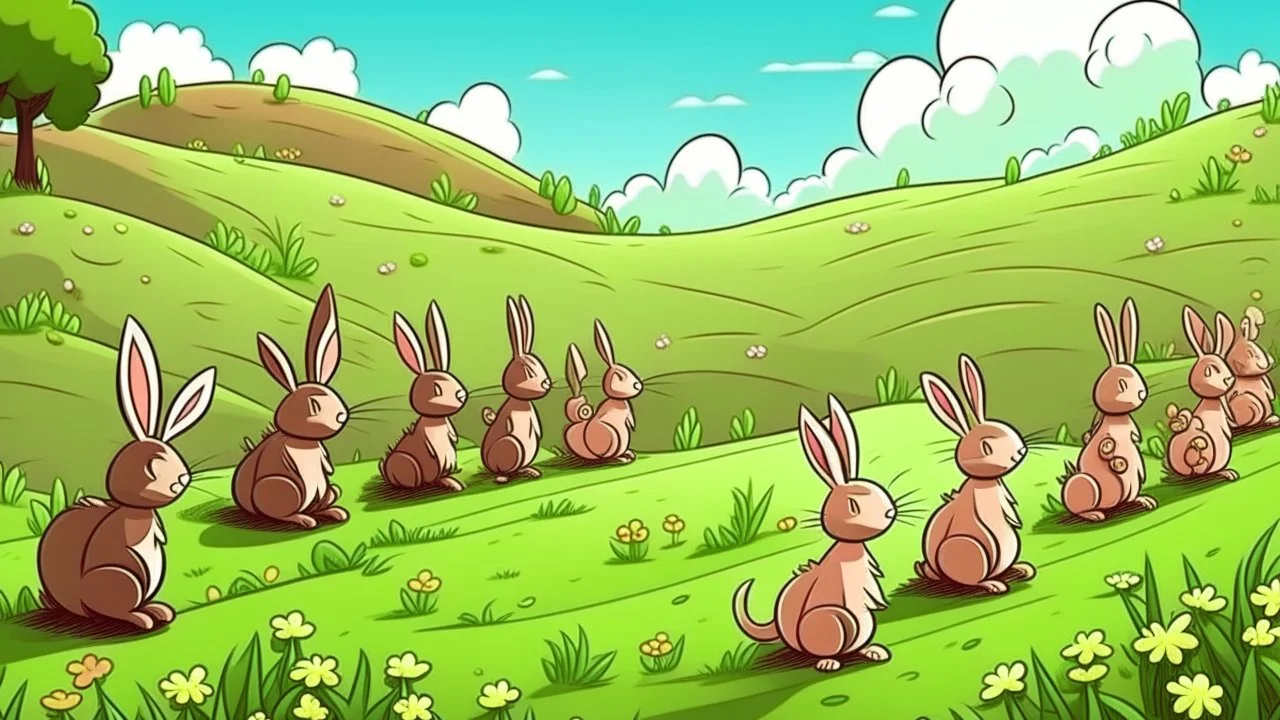 Fantasy cartoon illustration: A Trail of chocolate bunnies in the grass