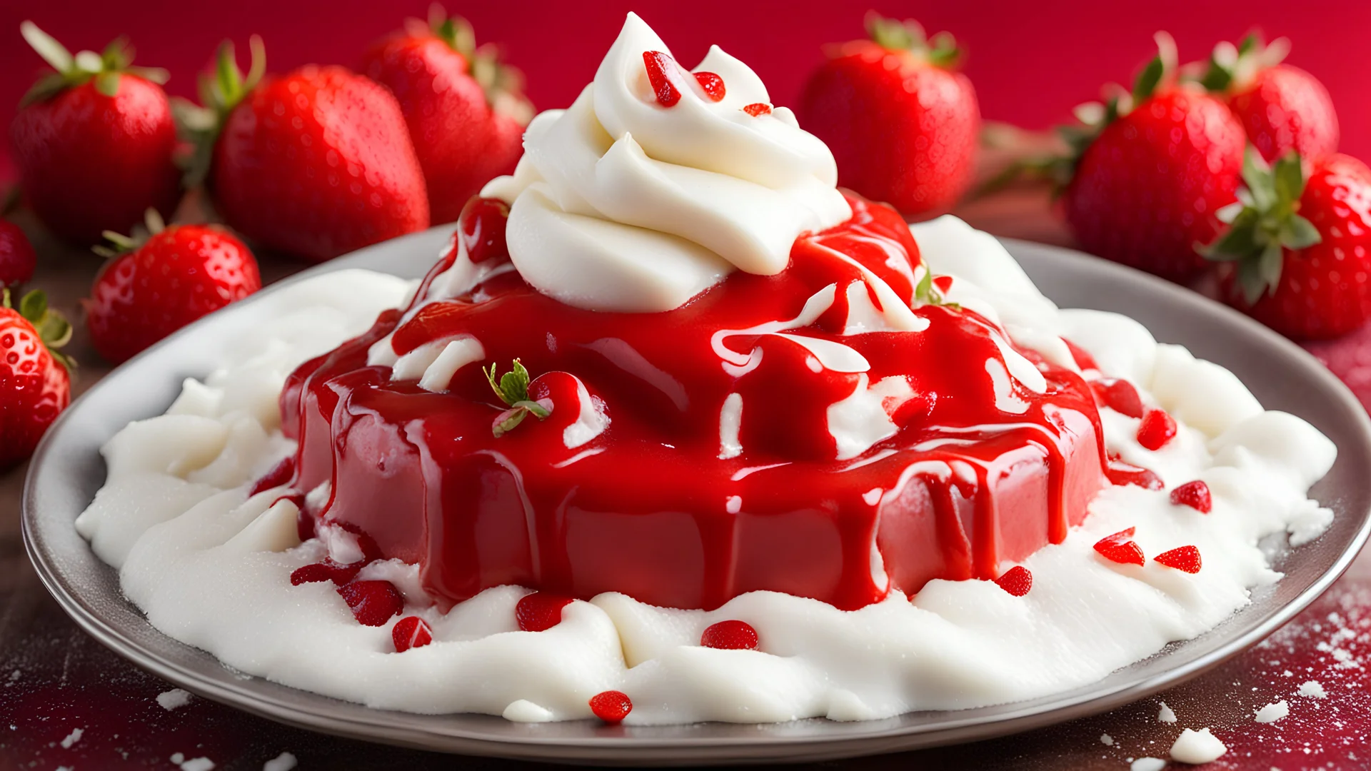 A mountain of vanilla ice with strawberry topping