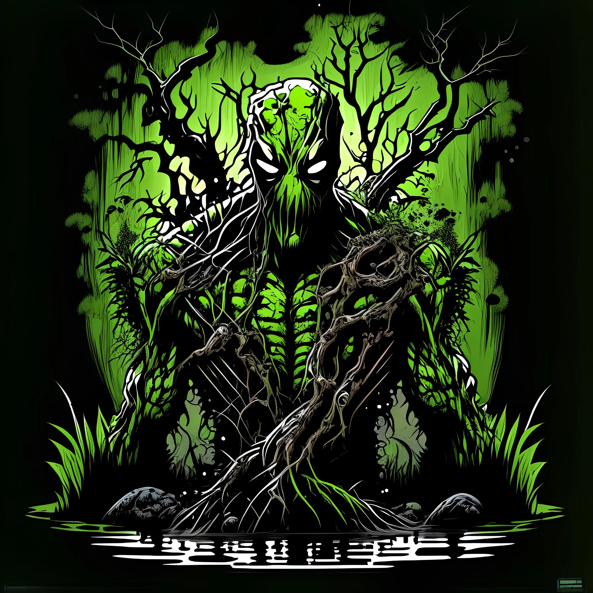 vector art, swamp thing deadpool hybrid, illustration, black background, Vectorstock, flat