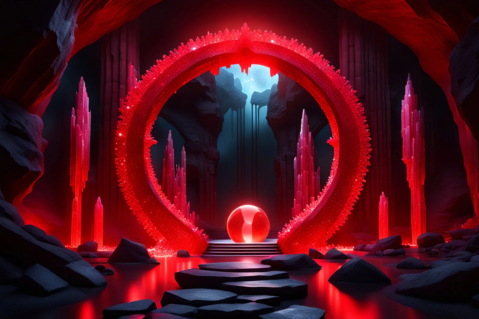 Dark Crimson Circular Arch made of Crystals Glowing with red forming a large gate, Dark Cavern backlit with red light, A dark sphere of Crystal Floating at its center, Dark stone temple,