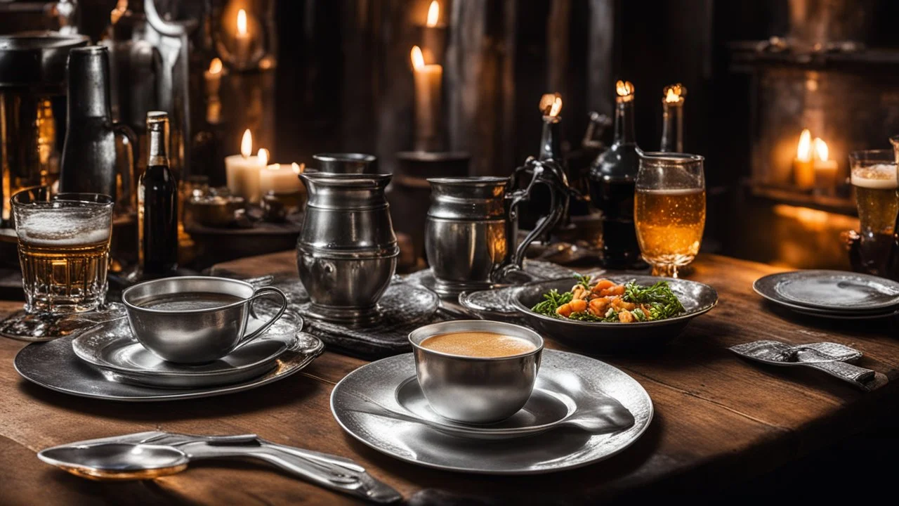 142857, delightful, sensitive, delicious food, banquet, pewter tankards and pewter plates, pewter mugs, pewter cups, beer, ale, confident, night, darkness, architecture, filled with delicious food, award-winning photograph, beautiful composition, chiascuro