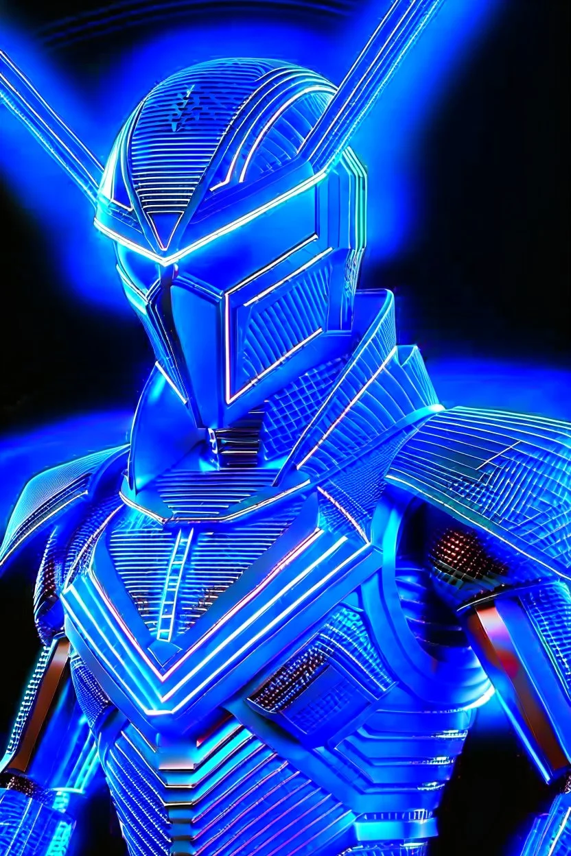 neon blue, flying parts of armor in form of triangles, cyber armor, geometric patterns on armor, male, orbiting triangle