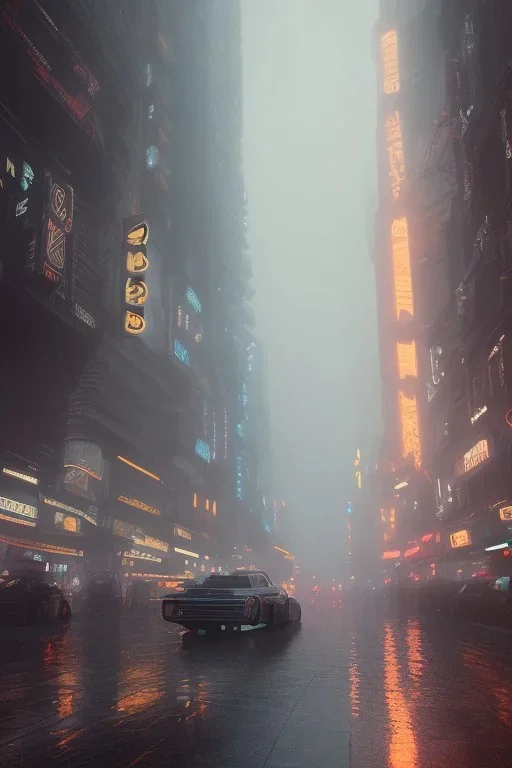 Blade Runner, raining, nostalgic, cold, dark blue, gloomy, heavy fog, 8k photorealistic, cinematic lighting, high details, dramatic, atmosphereric