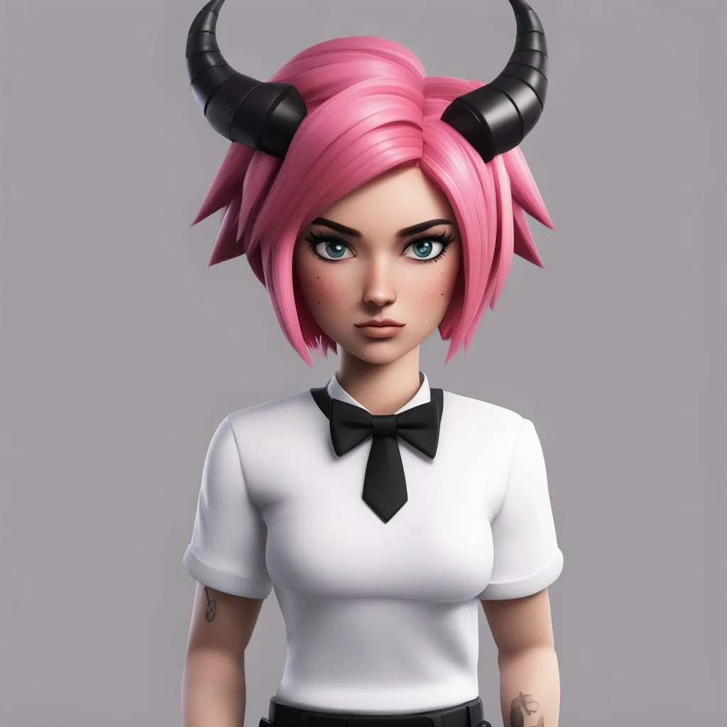 ROBLOX woman character pink hair with horns with white t-shirt and black tie