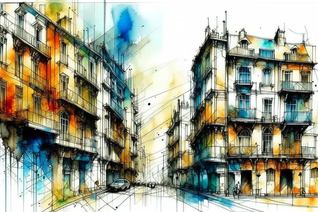 City sketch, watercolor, white background, vibrancy of watercolor wash, highly detailed, with sharp focus and smooth transitions. Carne Griffiths, Wadim Kashim, Carl Larsson, Pascal Blanche, golden ratio, masterpiece, trend on CGSociety and Artstation, bottomless, impressive, something that does not even exist, textures, iridescent scales and luminescent, impressive beauty, pure perfection, divine presence, unforgettable beauty, impressive, impressive, volumetric light, auras, rays, reflections