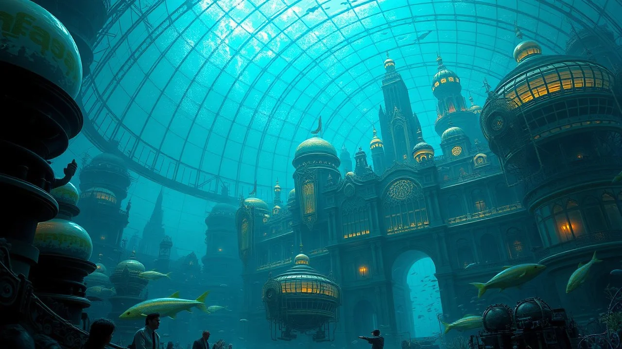 An underwater city built within colossal glass domes, with Victorian-era architecture and clockwork submarines navigating through shoals of fish. The city's skyline is illuminated by glowing bioluminescent plants and steampunk gadgets. Fantastic enormous scale, impressive, beautiful composition. Style H.R. Giger