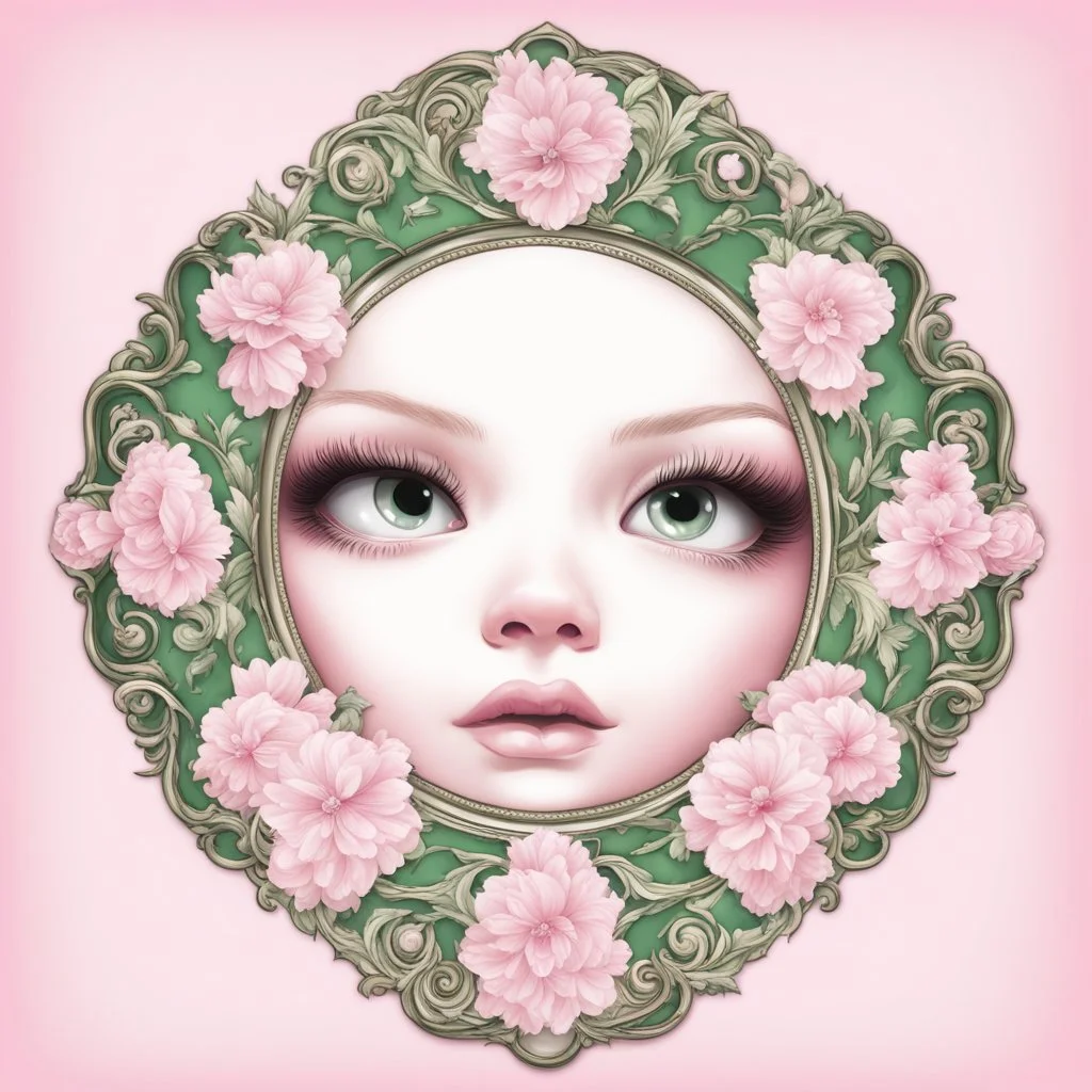 I would like a mirror with Ivys and pearls, The colors should be pink and green, I would like the option to put a number in it. Logo Artwork, Illustration