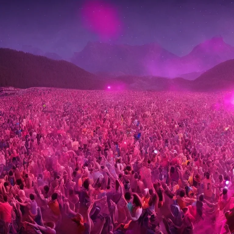 GIANT DANCE PARTY, FESTIVAL IN THE MOUNTAINS, MUSIC FESTIVAL, CROWD, ALIENS, cinematic lighting, 4k, 8k, octane render, digital concept art, ambient lighting, PINK