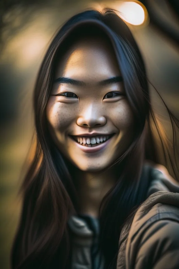 portrait of an asian girl smiling, outdoors, dslr camera, cinematic photography, epic angle, dark colour tone, hyper-realistic