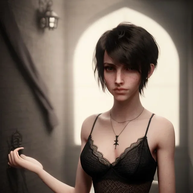 Realistic photo short hair boyish boylike (boyish face) beautiful cleavage lace neckline (short mens haircut) (thin waist) (wide hips) lacy nightgown the room of a girl who is fond of black magic, with amulets of evil forces and symbols of black magic on the walls