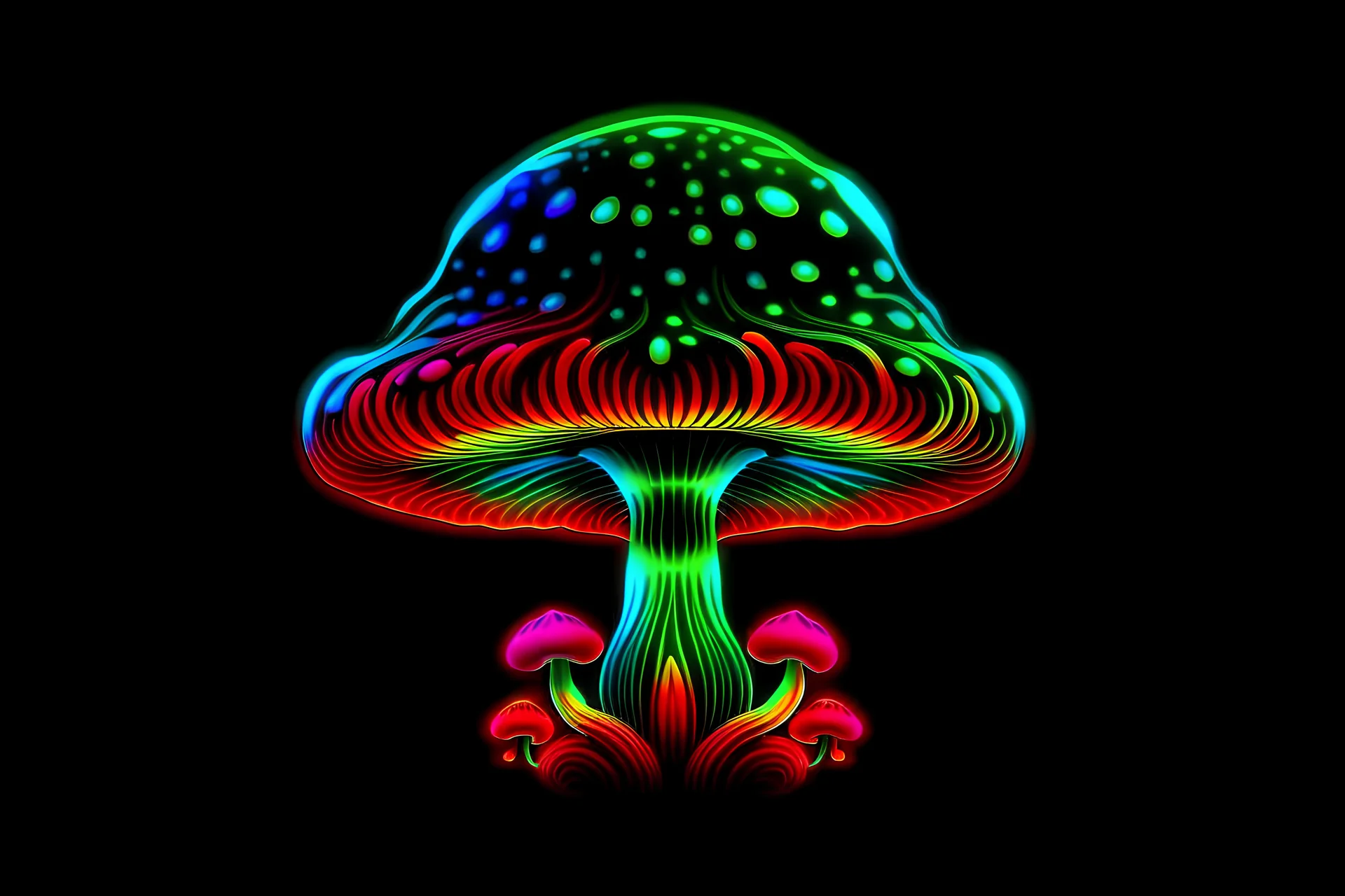 colorful, neon, psychedelic, trippy, one mushroom, black background