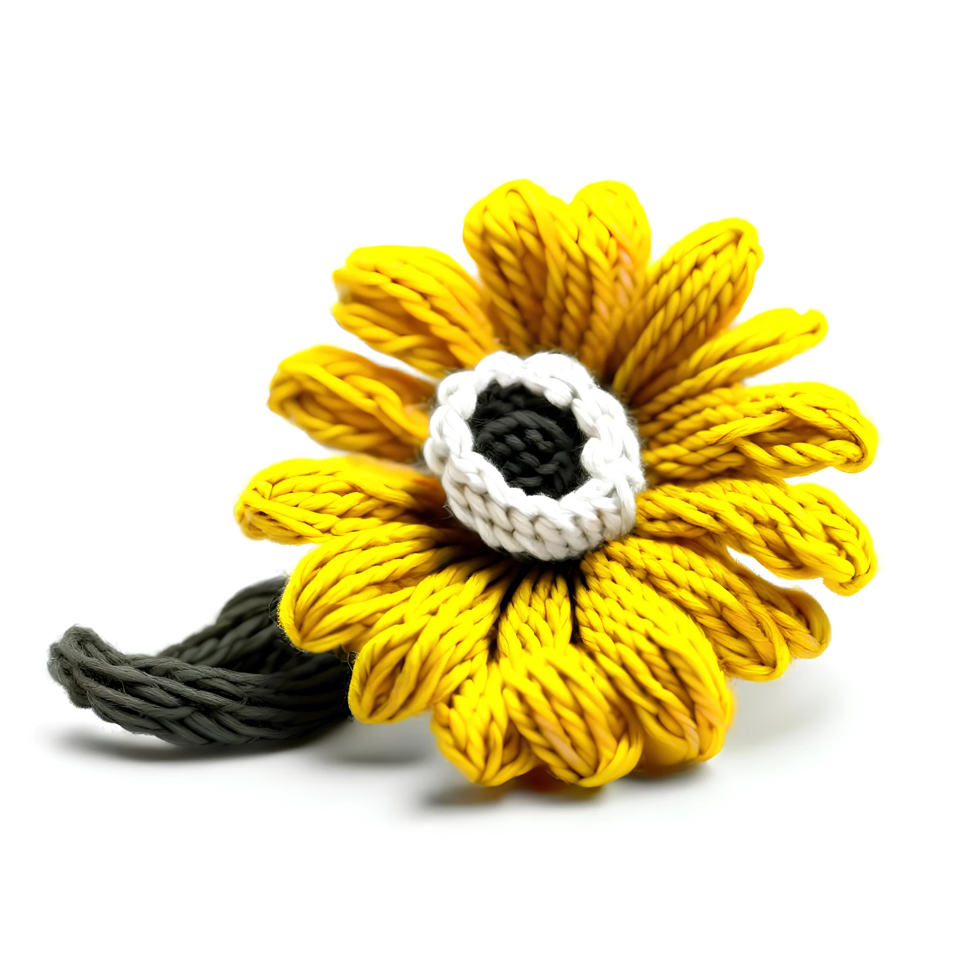 3d daisy flower made with wool threads that form a loop of wool, crossed by two crochet needles. front view, no background