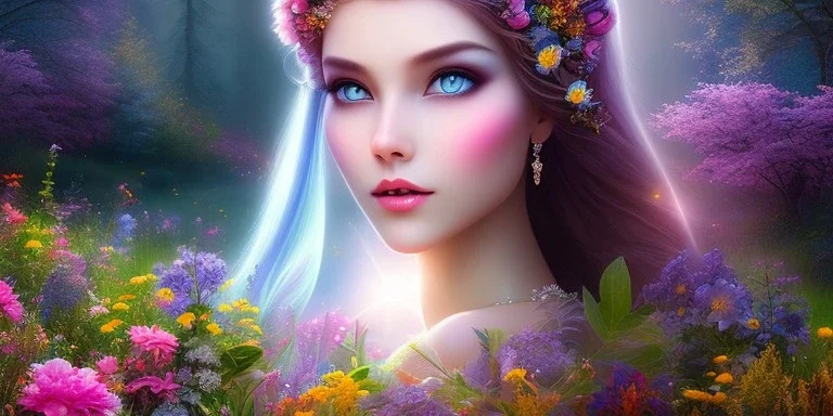 bright fairy, beautiful portrait, flowery landscape