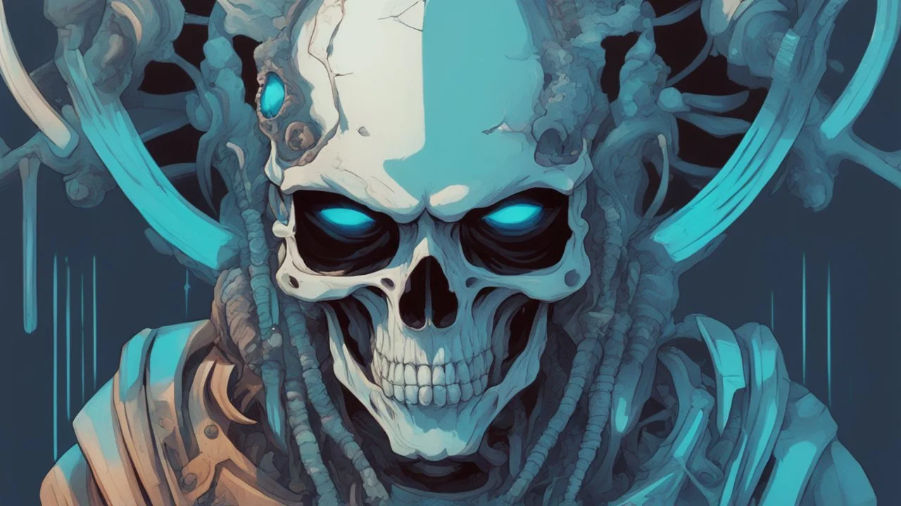 a close up of a person with a skull on their head, blue and black colors, anime skull portrait man, scary detailed art in color, hiroyuki-mitsume takahashi, nychos art aesthetic, half man half skeleton, anime cyberpunk art, colored manga art, rossdraws pastel vibrant, hot colors. insanely detailed, beautiful anime portrait, stunning anime face portrait, scary art in color